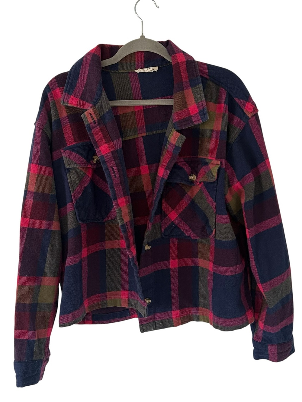 Pink Purple Flannel Plaid Design Button Down Top BeachLunchLounge Womens Size XL